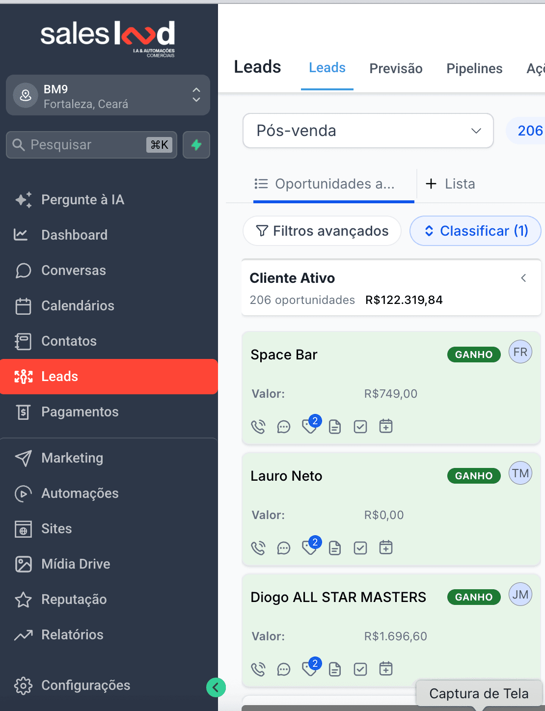 CRM da BM9 exibindo o pipeline de pós-venda com 206 oportunidades ganhas e R$ 122.319,84 em valor